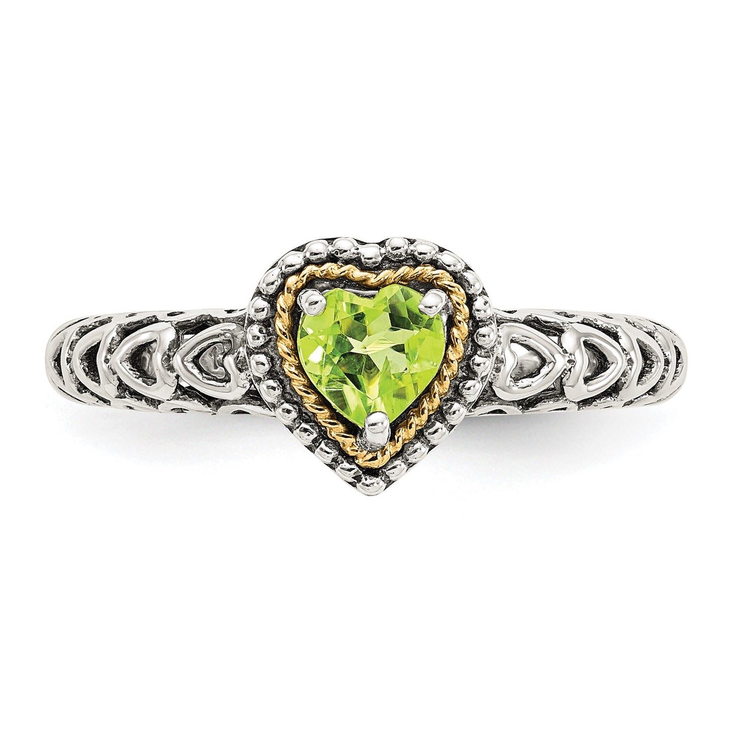 GSS Sterling Silver with 14K Accent Antiqued Heart Peridot Ring