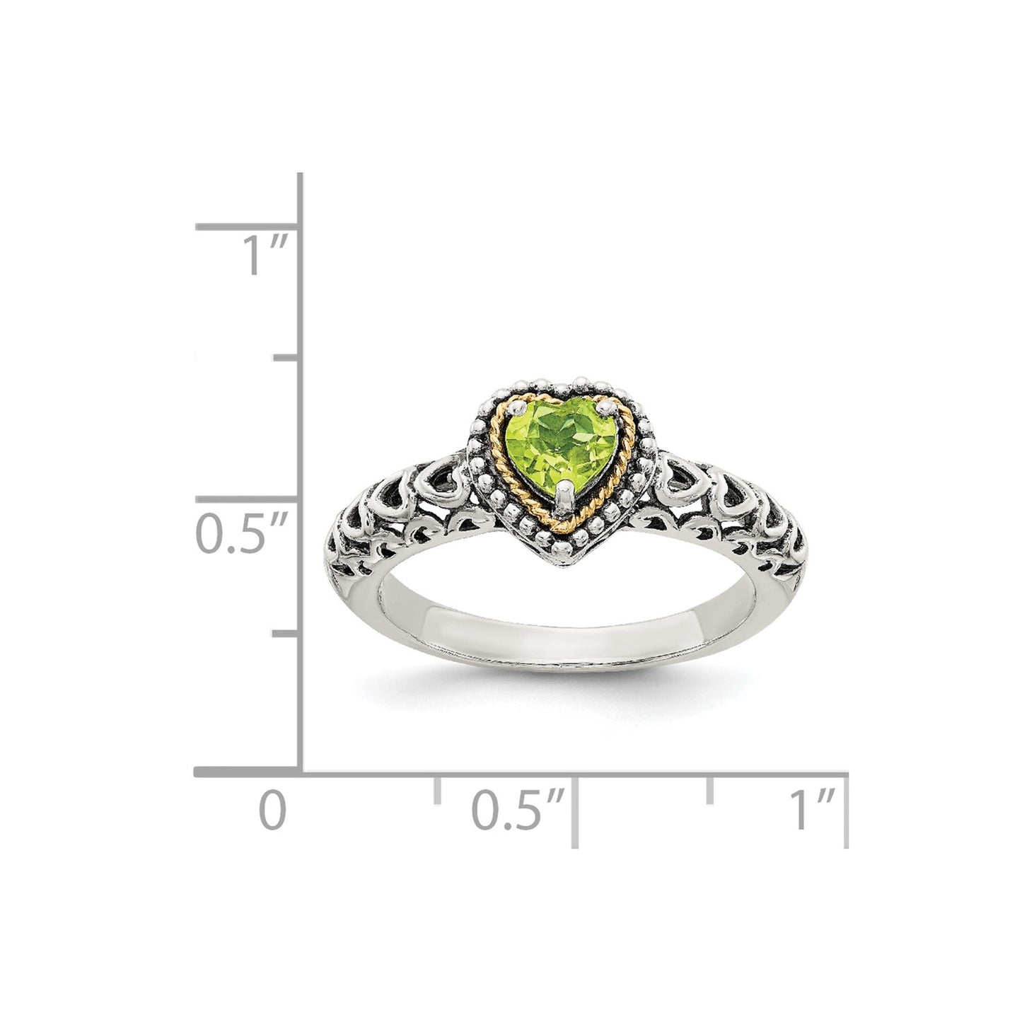 GSS Sterling Silver with 14K Accent Antiqued Heart Peridot Ring