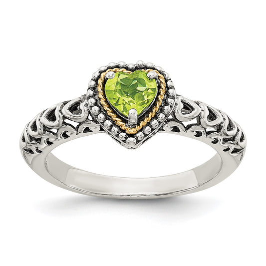 GSS Sterling Silver with 14K Accent Antiqued Heart Peridot Ring