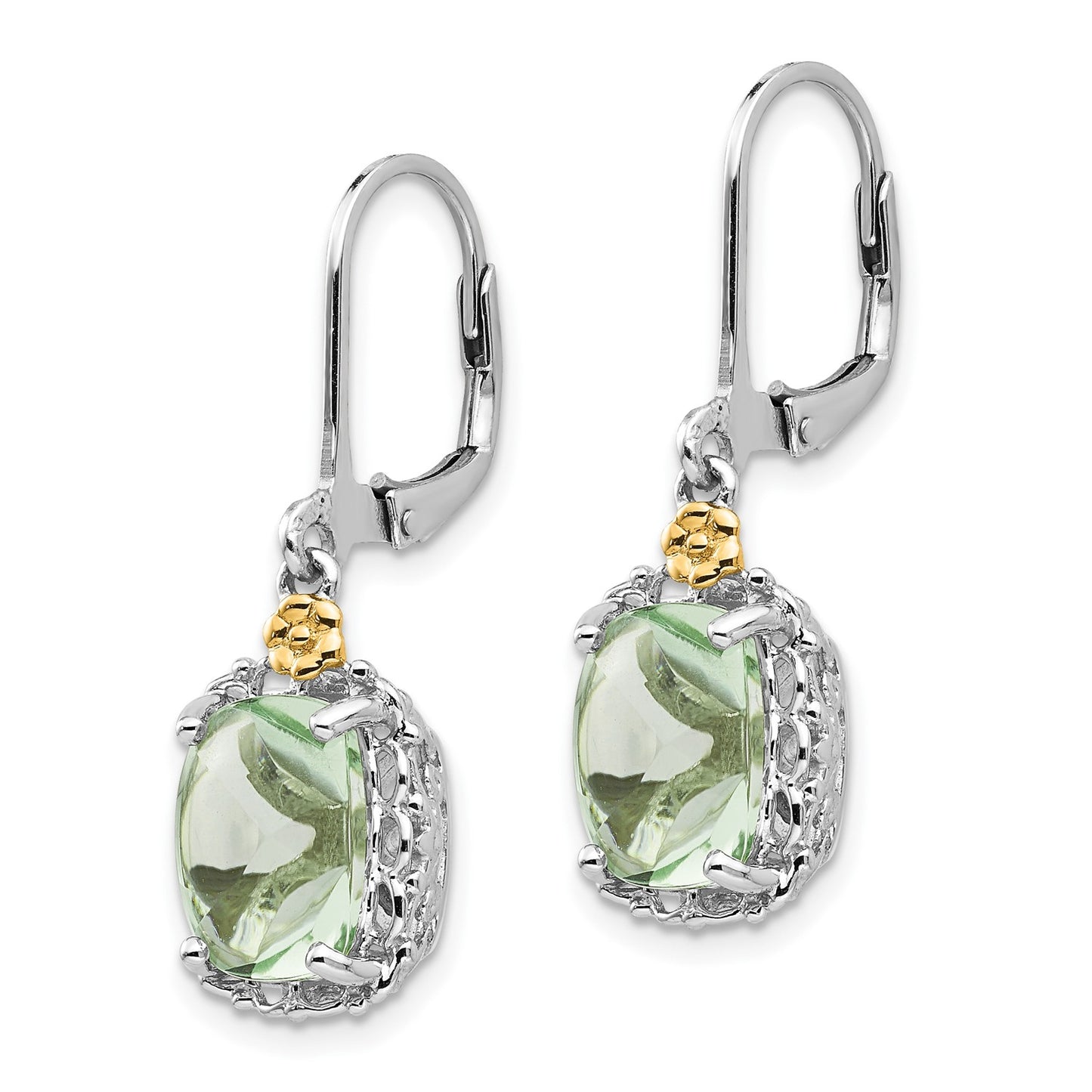 GSS Sterling Silver Rhodium-plated with 14K Accent Cushion Green Quartz Leverback Earrings