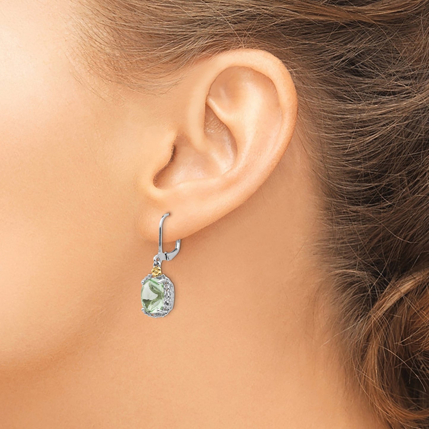 GSS Sterling Silver Rhodium-plated with 14K Accent Cushion Green Quartz Leverback Earrings