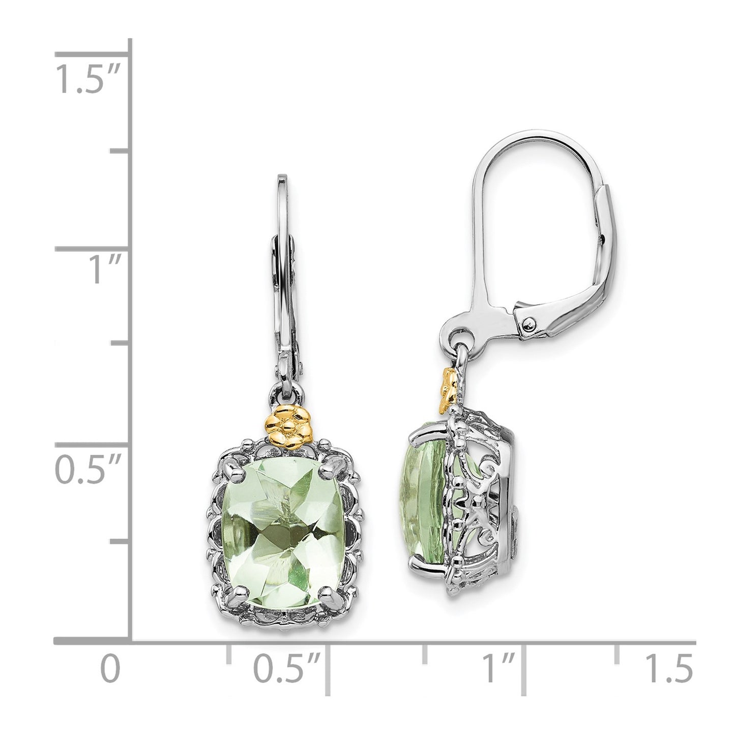 GSS Sterling Silver Rhodium-plated with 14K Accent Cushion Green Quartz Leverback Earrings