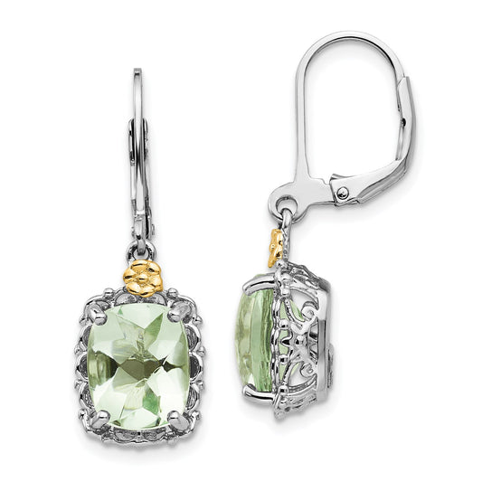 GSS Sterling Silver Rhodium-plated with 14K Accent Cushion Green Quartz Leverback Earrings