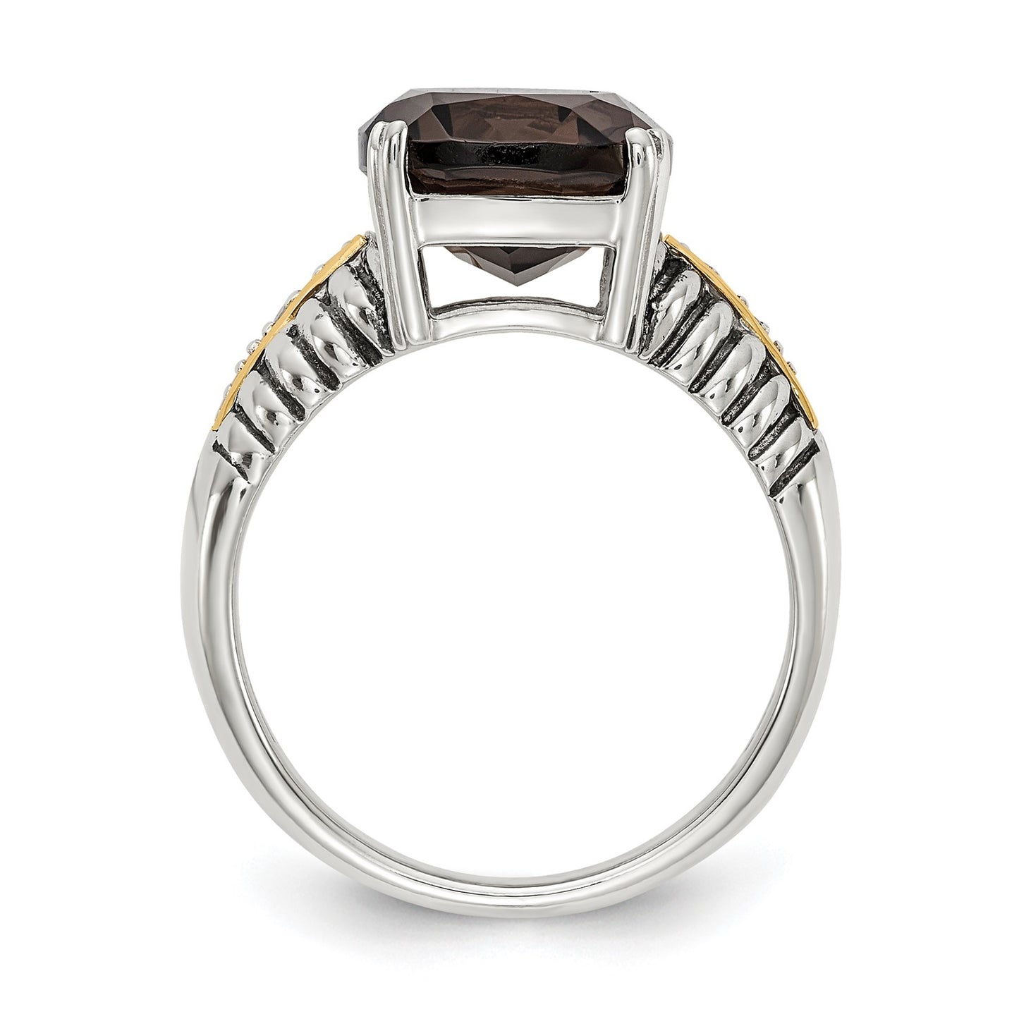 GSS Sterling Silver with 14K Accent Antiqued Cushion Smoky Quartz and Diamond Ring
