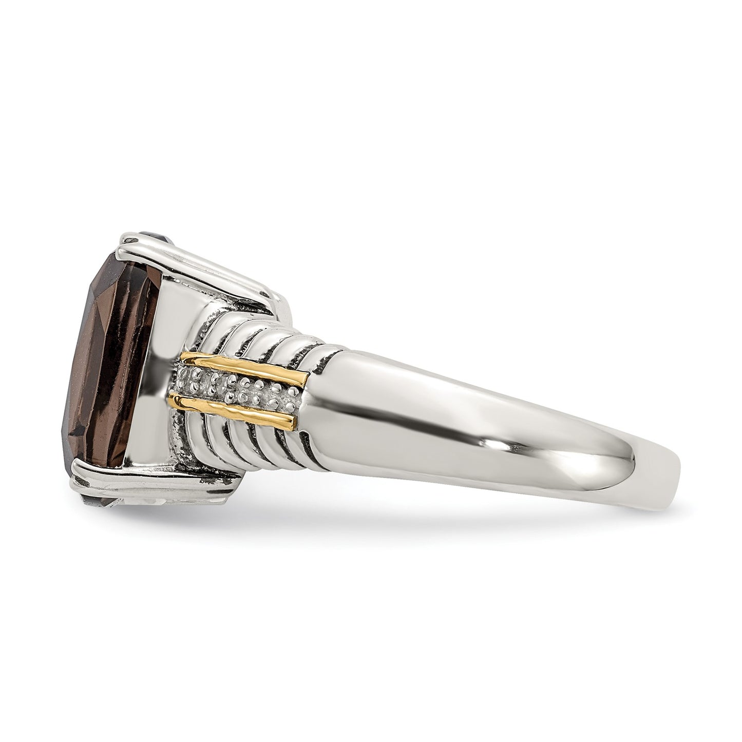 GSS Sterling Silver with 14K Accent Antiqued Cushion Smoky Quartz and Diamond Ring