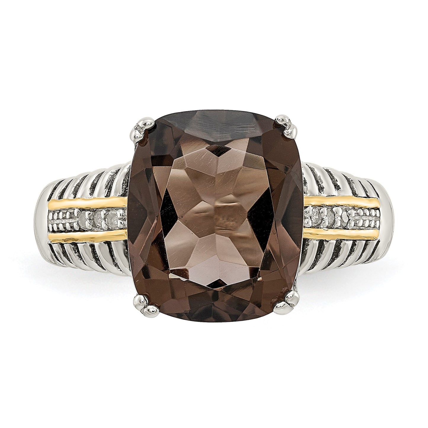 GSS Sterling Silver with 14K Accent Antiqued Cushion Smoky Quartz and Diamond Ring