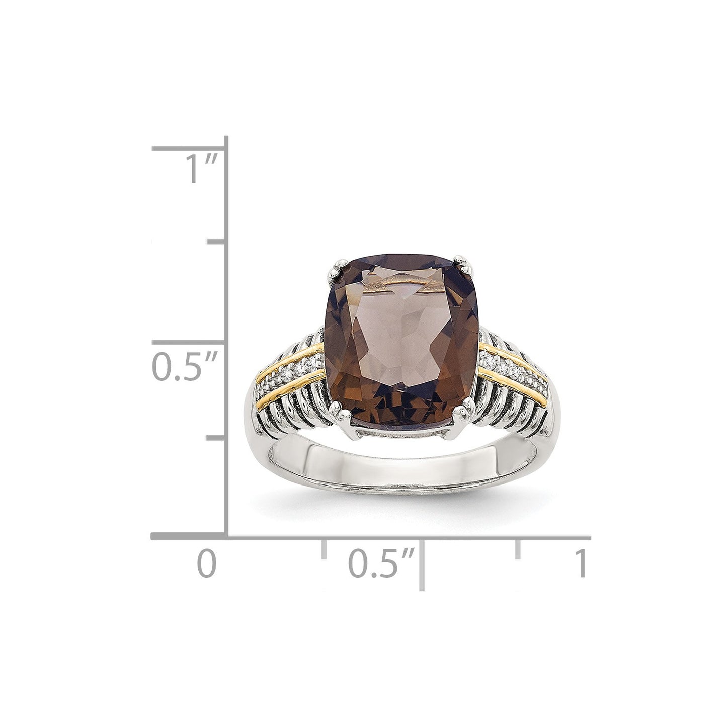 GSS Sterling Silver with 14K Accent Antiqued Cushion Smoky Quartz and Diamond Ring
