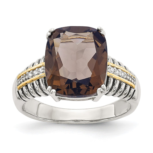 GSS Sterling Silver with 14K Accent Antiqued Cushion Smoky Quartz and Diamond Ring