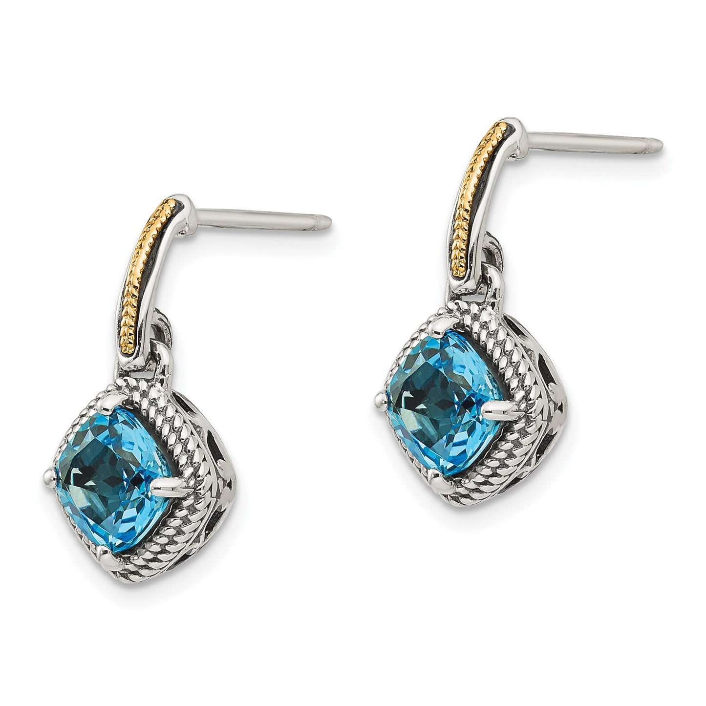 GSS Sterling Silver with 14K Accent Antiqued Cushion Light Swiss Blue Topaz Post Dangle Earrings