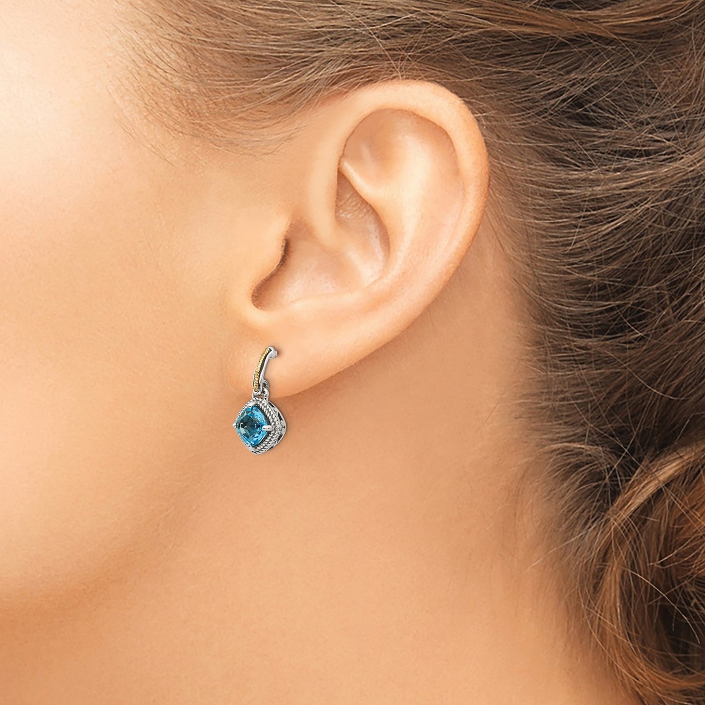 GSS Sterling Silver with 14K Accent Antiqued Cushion Light Swiss Blue Topaz Post Dangle Earrings