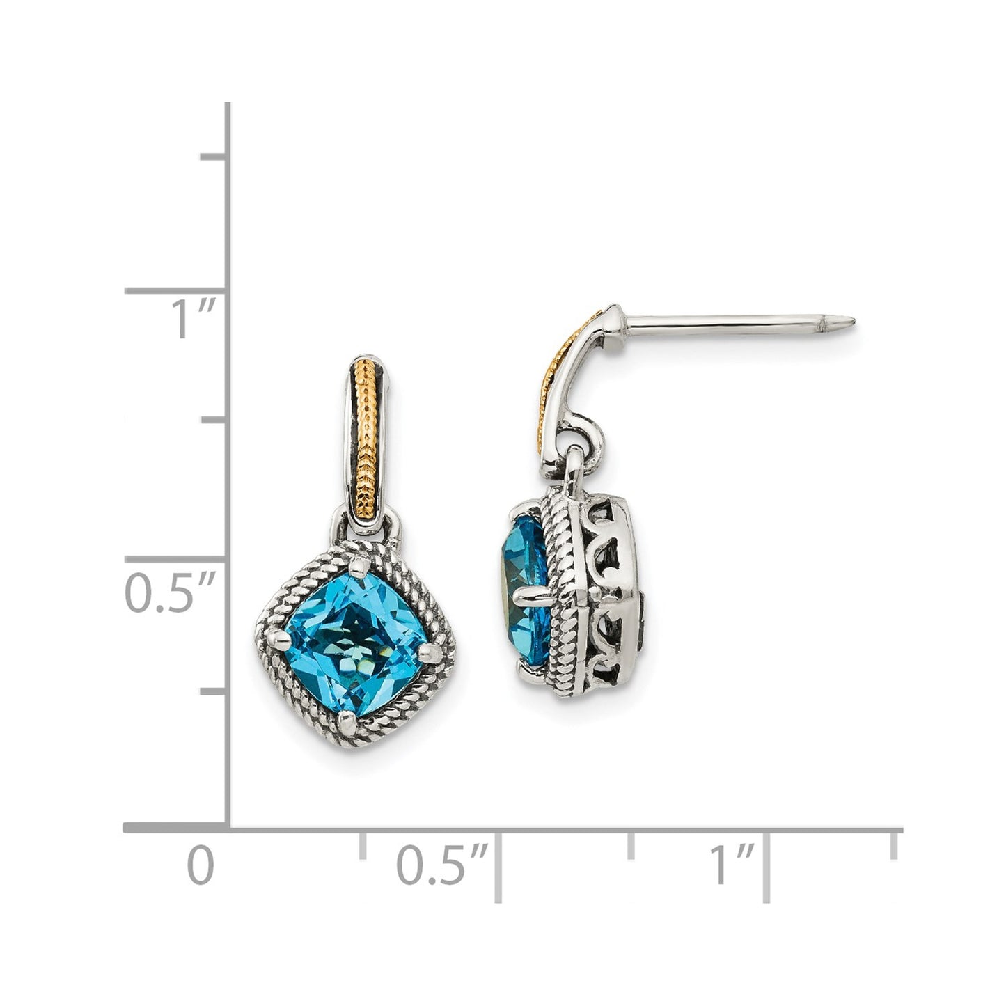GSS Sterling Silver with 14K Accent Antiqued Cushion Light Swiss Blue Topaz Post Dangle Earrings