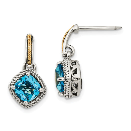 GSS Sterling Silver with 14K Accent Antiqued Cushion Light Swiss Blue Topaz Post Dangle Earrings