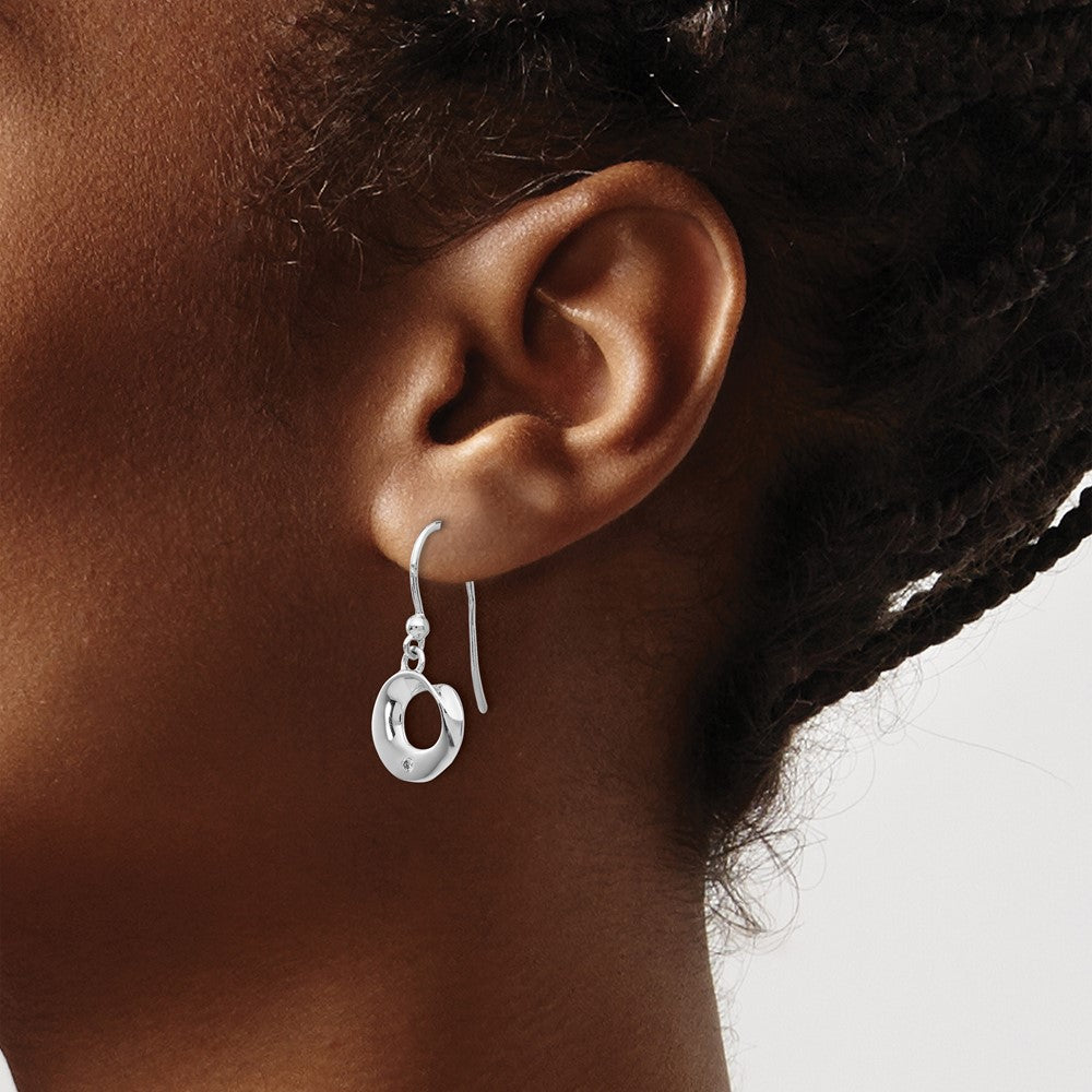 DSS Sterling Silver Rhodium-plated Diamond Circle Shepherd Hook Dangle Earrings