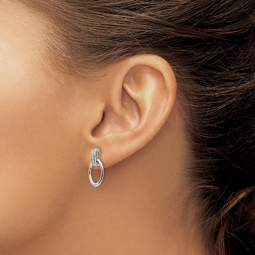 DSS Sterling Silver Rhodium-plated Open Oval Diamond Post Dangle Earrings