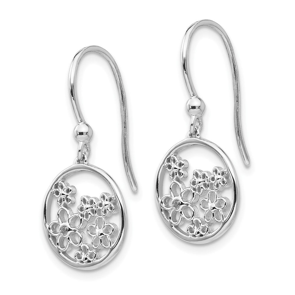 DSS Sterling Silver Rhodium-plated Diamond Flower Shepherd Hook Dangle Earrings