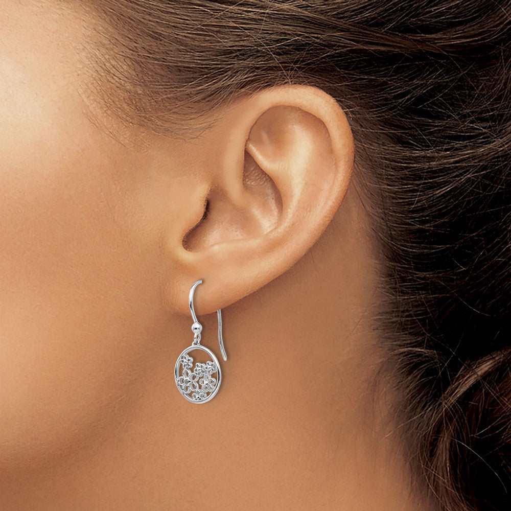 DSS Sterling Silver Rhodium-plated Diamond Flower Shepherd Hook Dangle Earrings