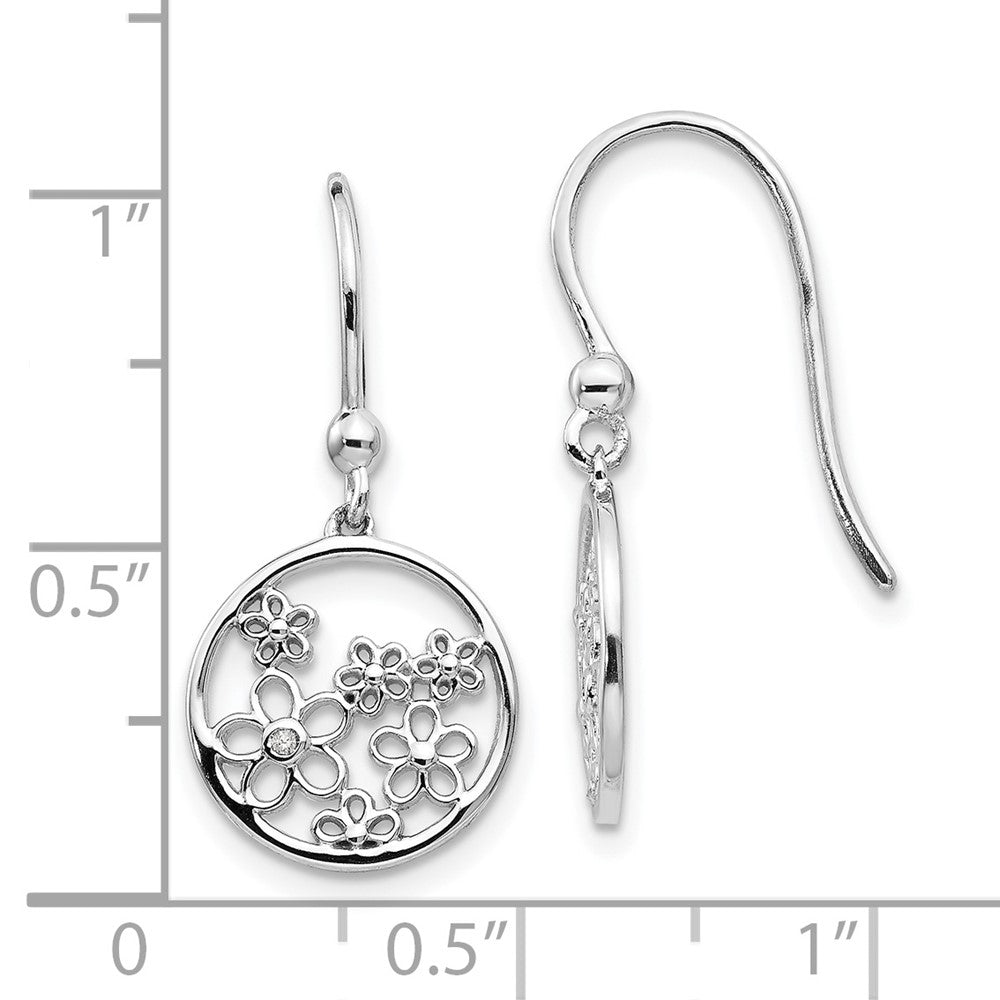 DSS Sterling Silver Rhodium-plated Diamond Flower Shepherd Hook Dangle Earrings