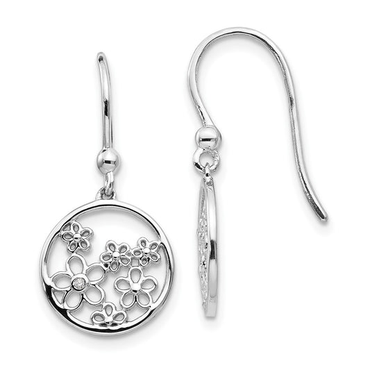DSS Sterling Silver Rhodium-plated Diamond Flower Shepherd Hook Dangle Earrings