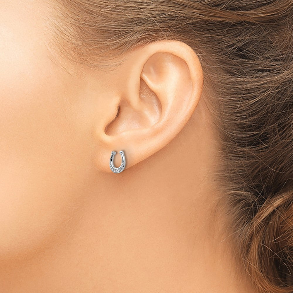 DSS Sterling Silver Rhodium-plated Diamond Horseshoe Post Earrings