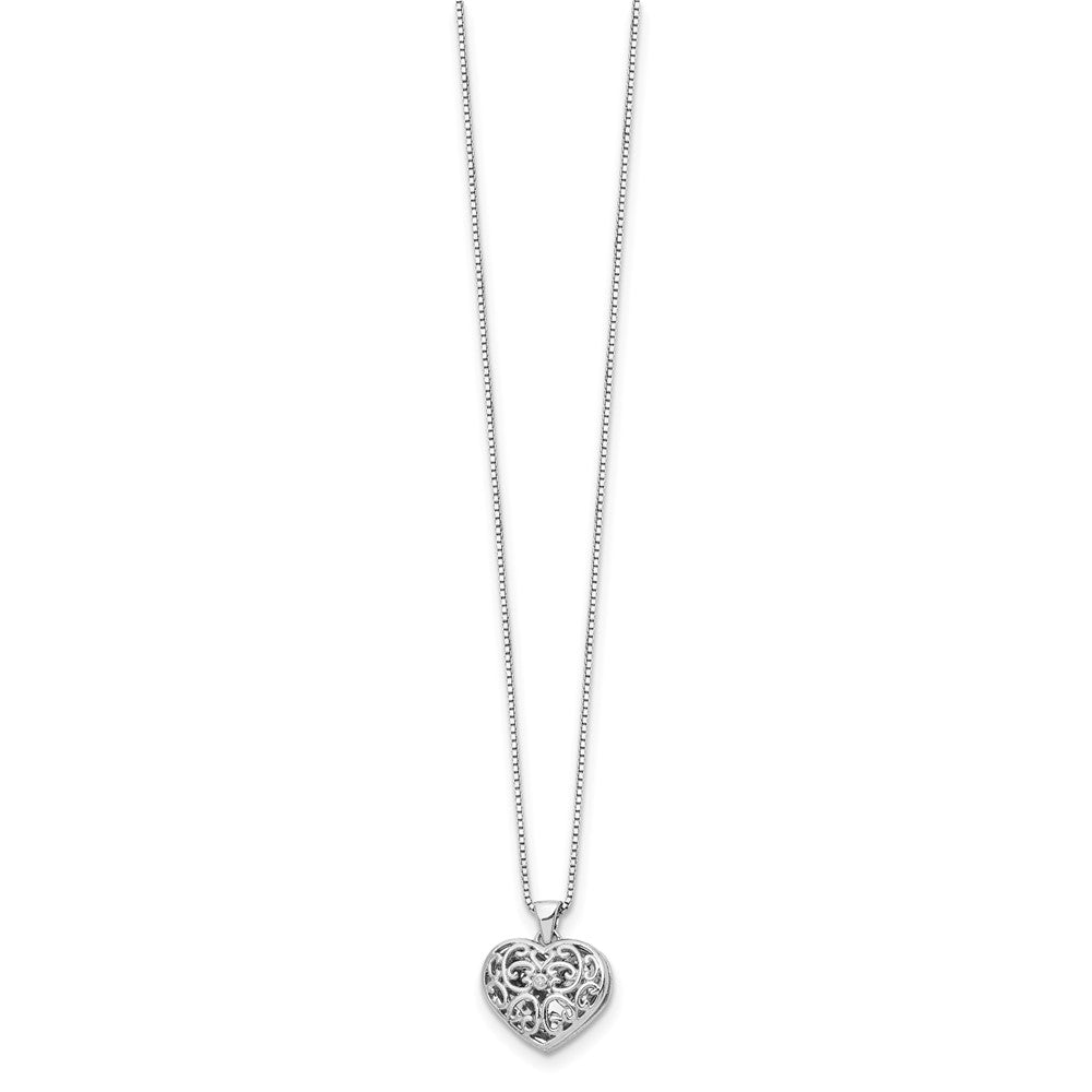 DSS Sterling Silver Rhodium-plated 18 Inch Diamond Filigree Heart Locket Necklace with 2 Inch Extender