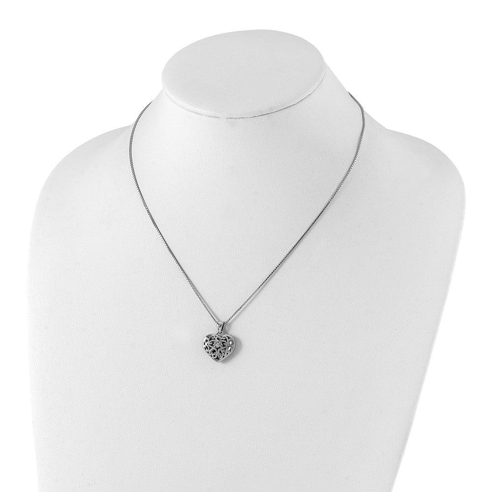 DSS Sterling Silver Rhodium-plated 18 Inch Diamond Filigree Heart Locket Necklace with 2 Inch Extender