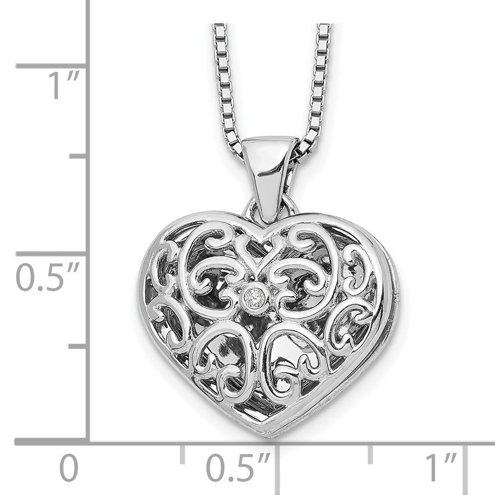 DSS Sterling Silver Rhodium-plated 18 Inch Diamond Filigree Heart Locket Necklace with 2 Inch Extender