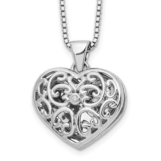 DSS Sterling Silver Rhodium-plated 18 Inch Diamond Filigree Heart Locket Necklace with 2 Inch Extender