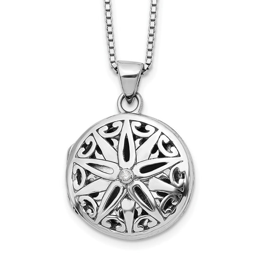 DSS Sterling Silver Rhodium-plated 18 Inch Diamond Star Round Locket Necklace with 2 Inch Extender