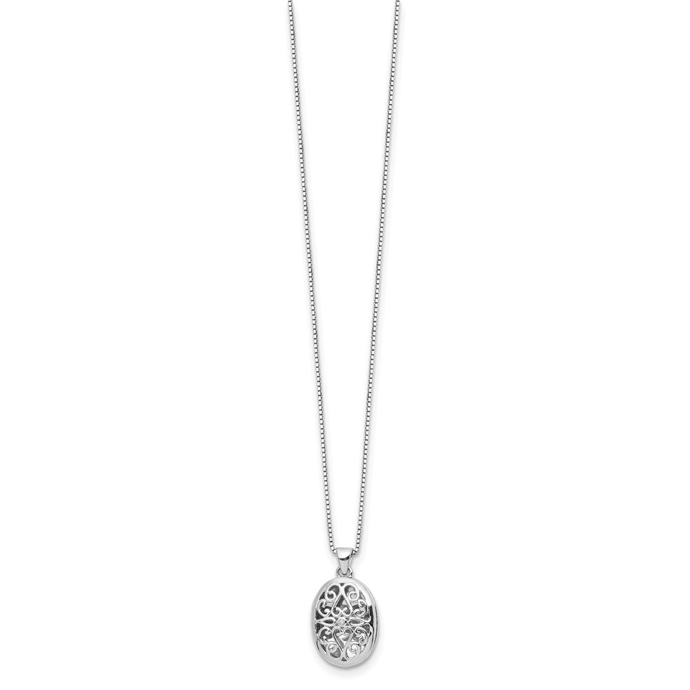 DSS Sterling Silver Rhodium-plated 18 Inch Diamond Filigree Oval Locket Necklace with 2 Inch Extender