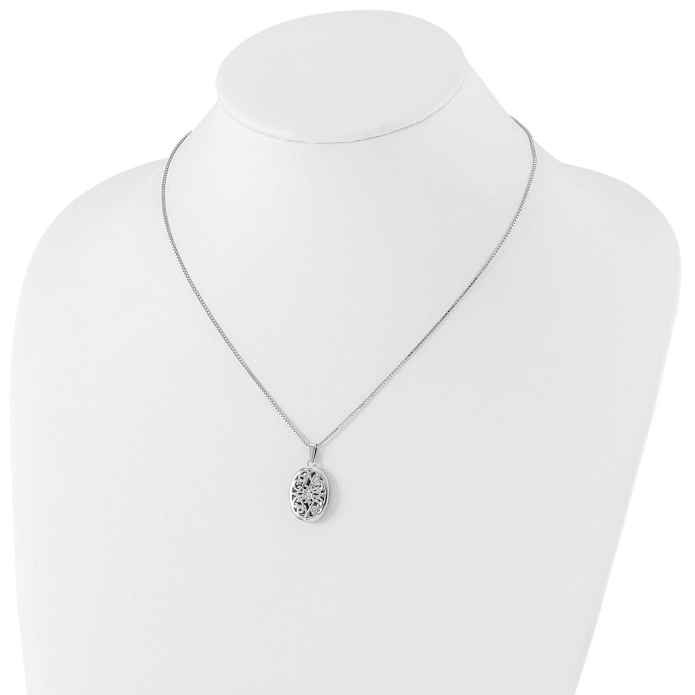 DSS Sterling Silver Rhodium-plated 18 Inch Diamond Filigree Oval Locket Necklace with 2 Inch Extender