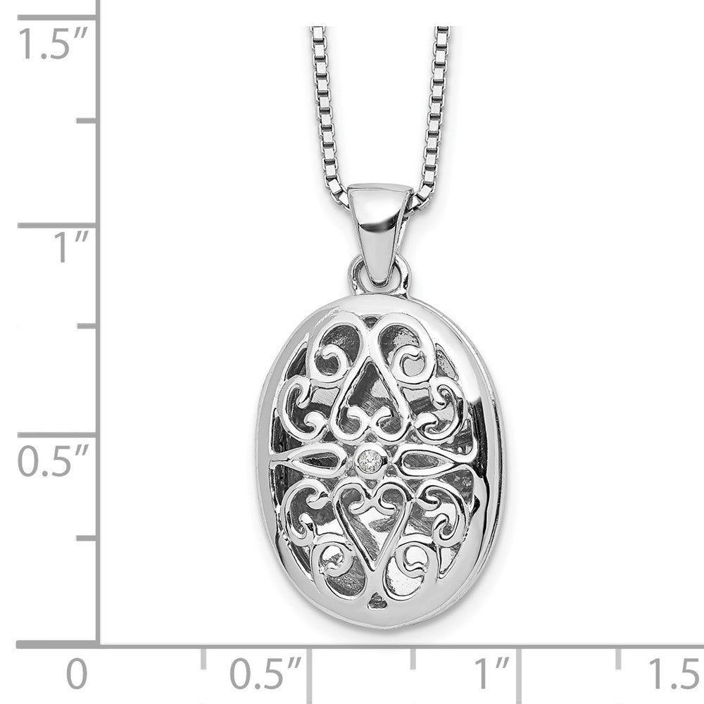 DSS Sterling Silver Rhodium-plated 18 Inch Diamond Filigree Oval Locket Necklace with 2 Inch Extender