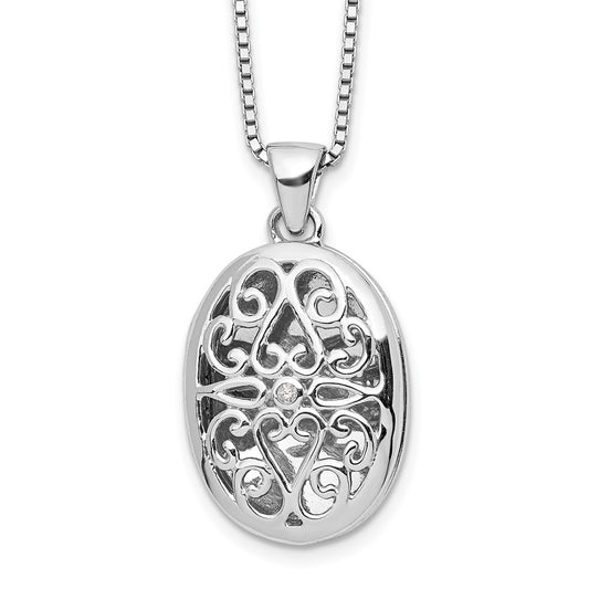 DSS Sterling Silver Rhodium-plated 18 Inch Diamond Filigree Oval Locket Necklace with 2 Inch Extender