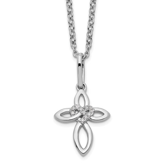 DSS Sterling Silver Rhodium-plated 18 Inch Diamond Cross with Heart Necklace with 2 Inch Extender