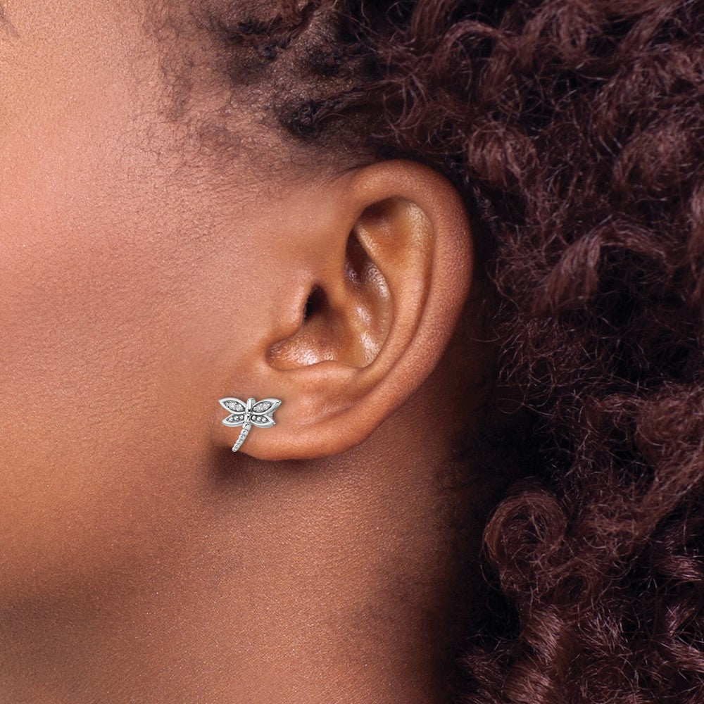 DSS Rhodium-plated Diamond Dragonfly Post Earrings