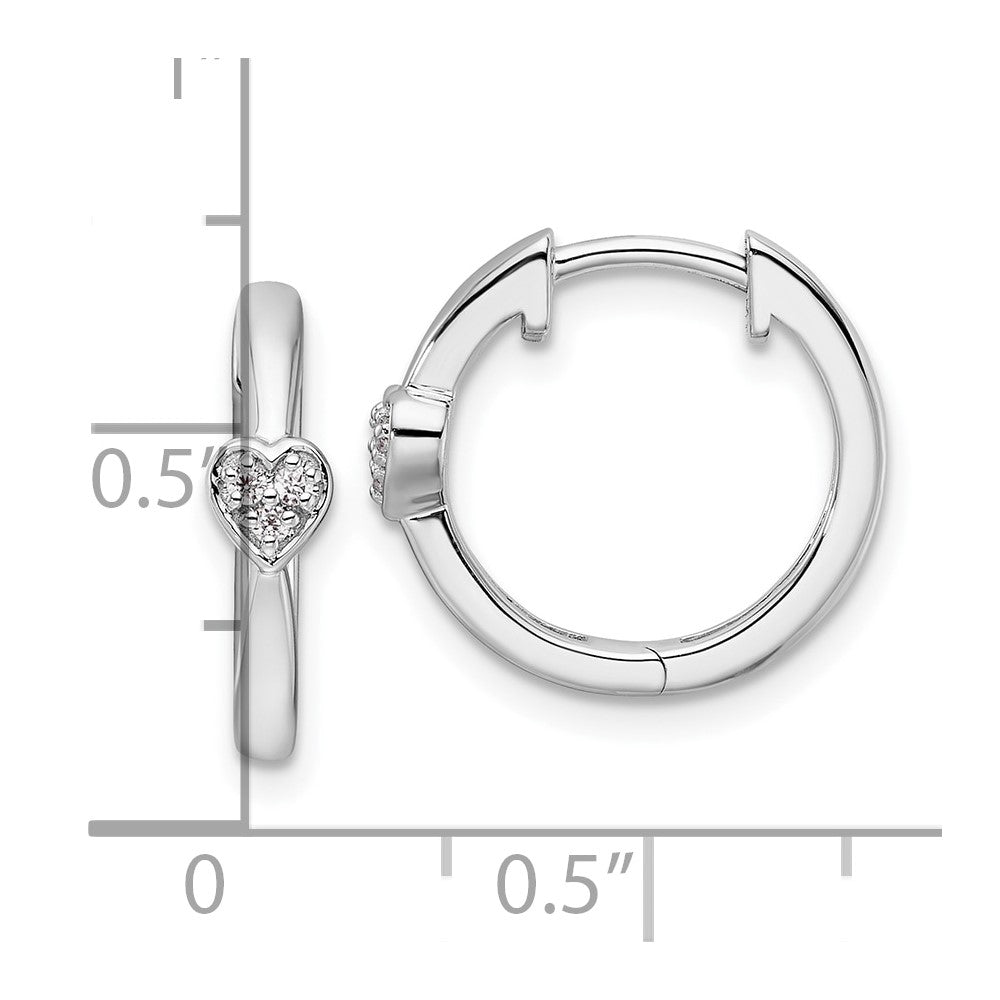 DSS Sterling Silver Rhodium-plated Diamond Heart Hinged Hoop Earrings