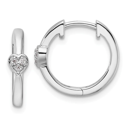 DSS Sterling Silver Rhodium-plated Diamond Heart Hinged Hoop Earrings