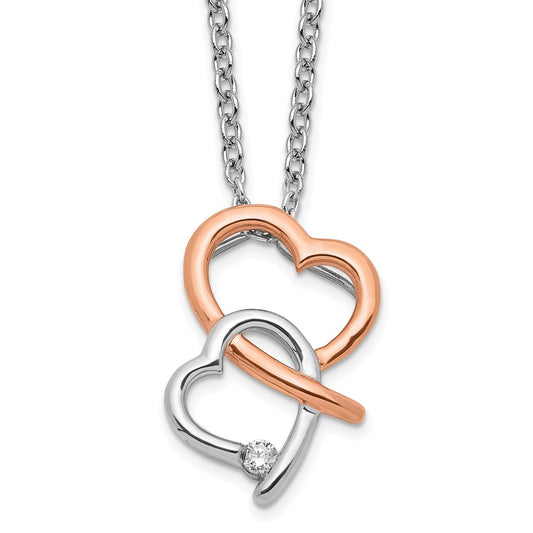DSS Sterling Silver Rhodium-plated Rose-tone 18 Inch Diamond Hearts Necklace with 2 Inch Extender
