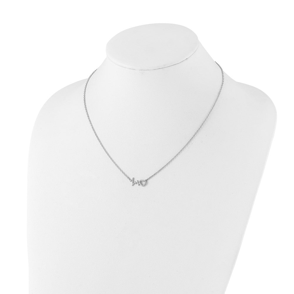 DSS Sterling Silver Rhodium-plated 18 Inch Diamond Heart with Heartbeat Necklace