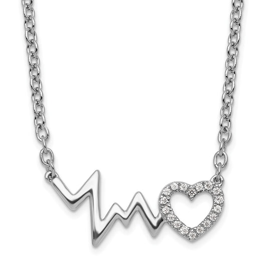 DSS Sterling Silver Rhodium-plated 18 Inch Diamond Heart with Heartbeat Necklace