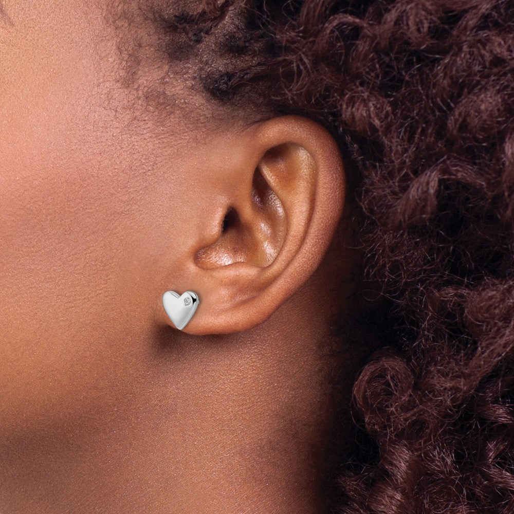 DSS Sterling Silver Rhodium-plated Diamond Heart Earrings