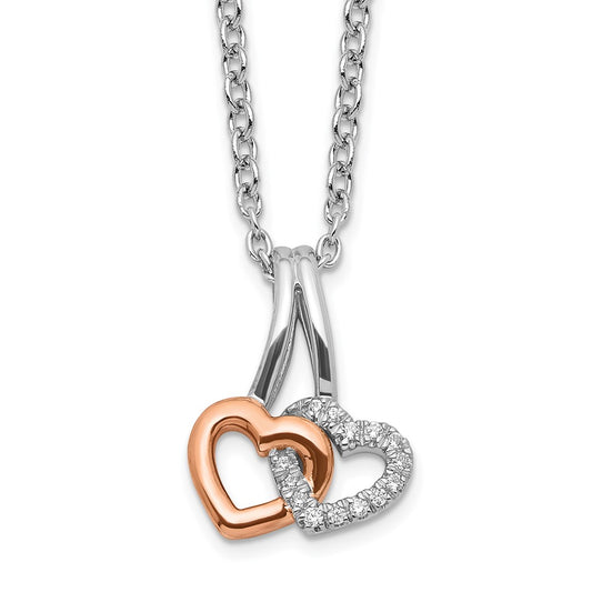 DSS Sterling Silver Rhodium-plated Rose-tone 18 Inch Diamond Hearts Necklace with 2 Inch Extender