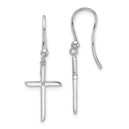 DSS Sterling Silver Rhodium-plated Diamond Cross Shepherds Hook Dangle Earrings