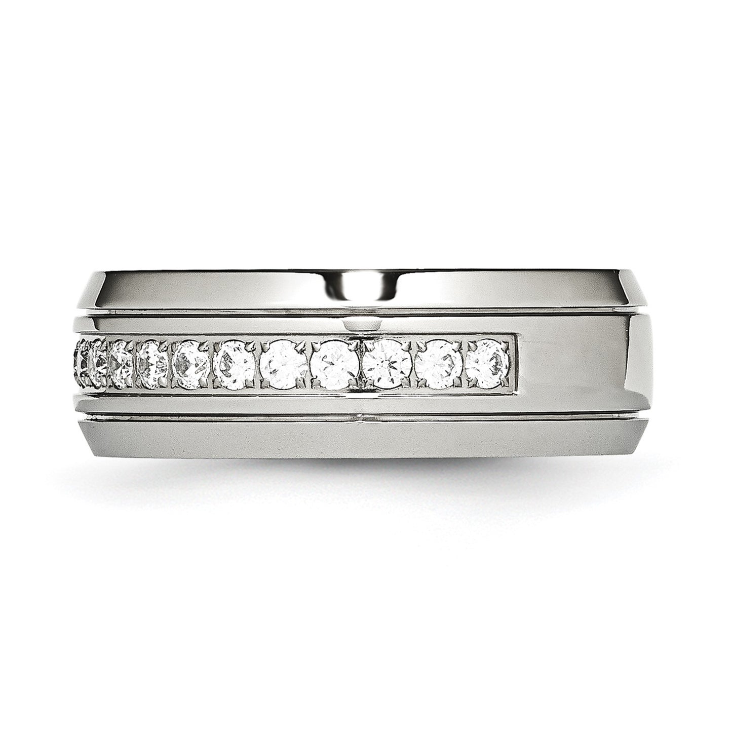 MJ Stainless Steel Polished and Grooved with CZ 8mm Half Round Band