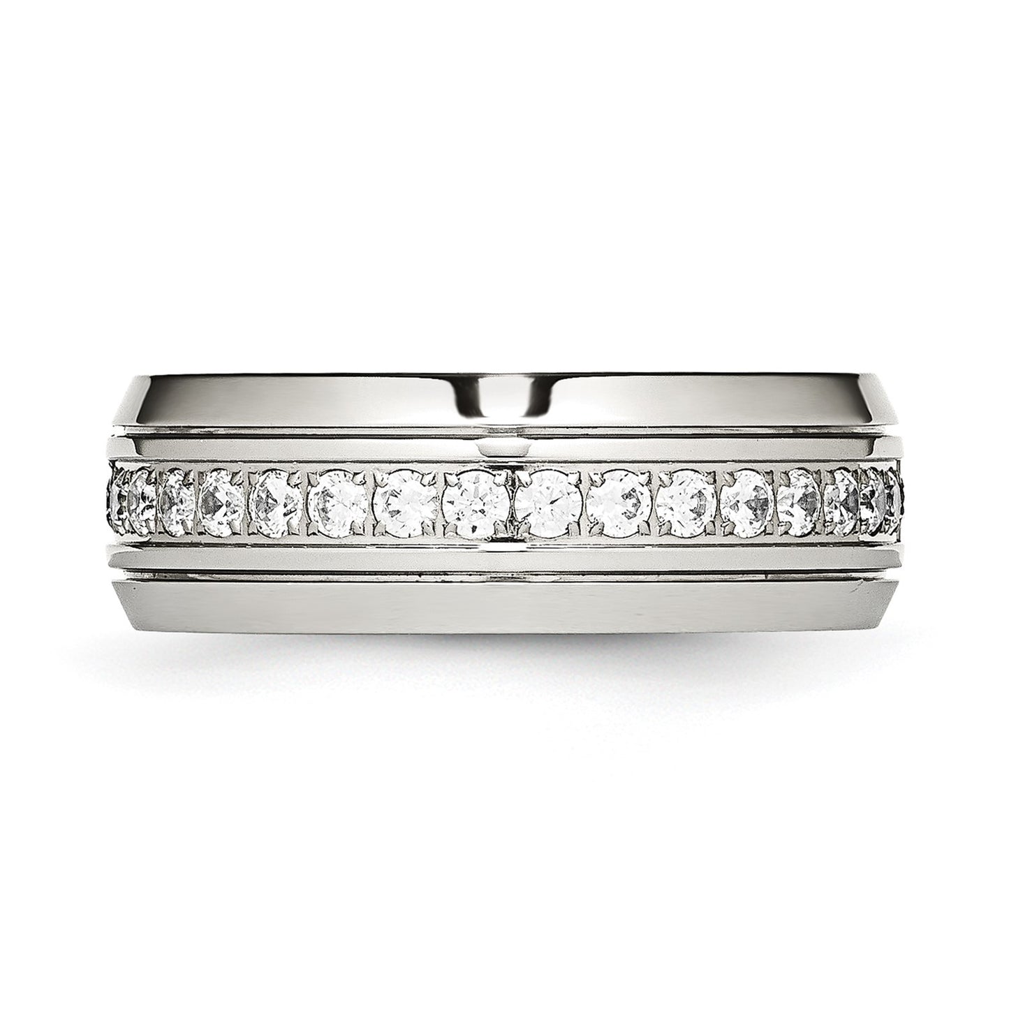 MJ Stainless Steel Polished and Grooved with CZ 8mm Half Round Band