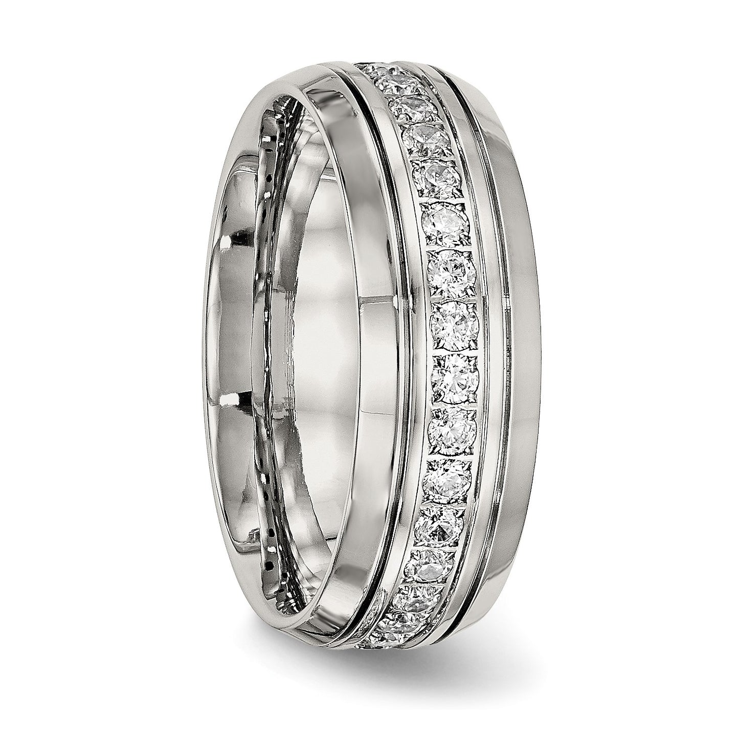 MJ Stainless Steel Polished and Grooved with CZ 8mm Half Round Band
