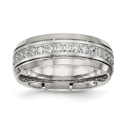 MJ Stainless Steel Polished and Grooved with CZ 8mm Half Round Band