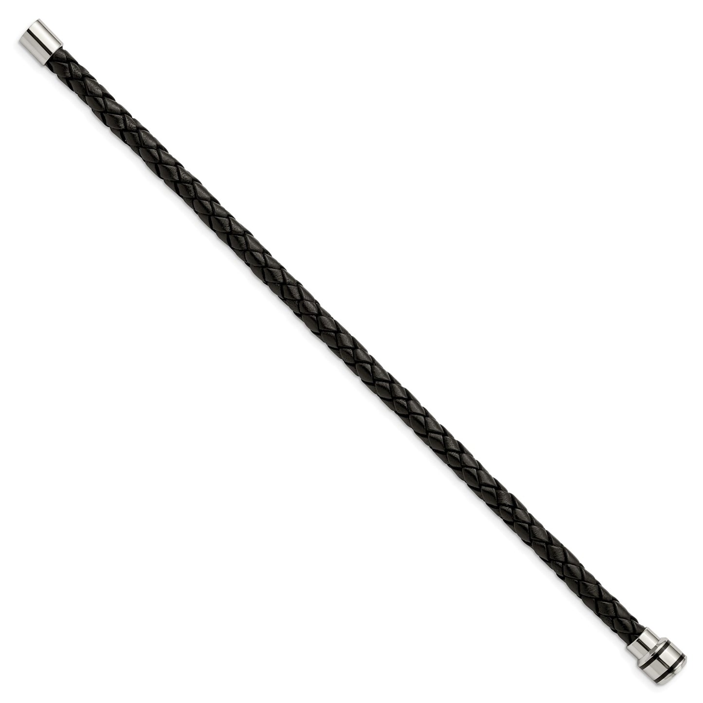 MJ Stainless Steel Polished Black IP-plated Black Braided Leather 9 inch Bracelet