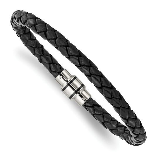 MJ Stainless Steel Polished Black IP-plated Black Braided Leather 9 inch Bracelet