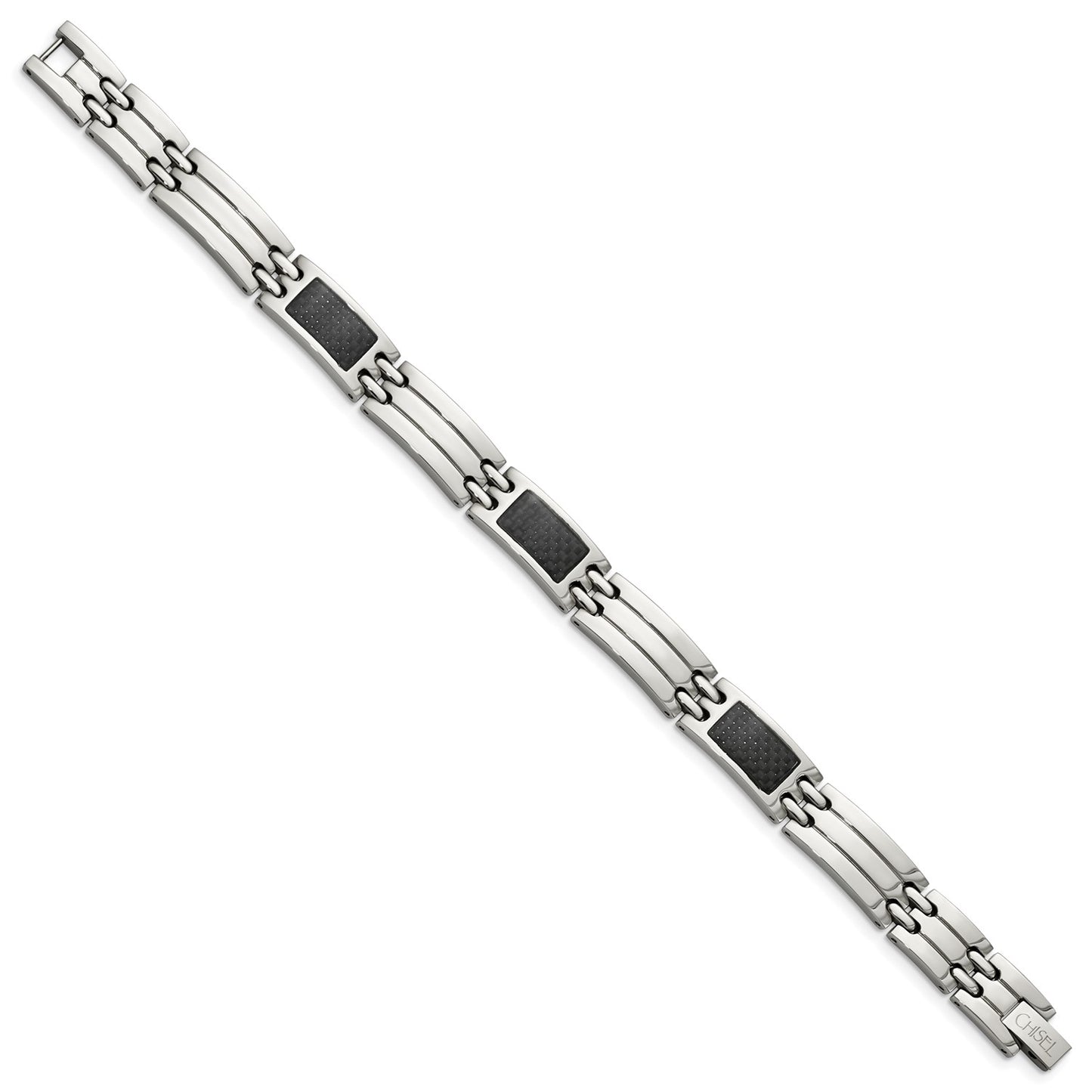 MJ Stainless Steel Brushed and Polished with Black Carbon Fiber Inlay 8.5 inch Link Bracelet
