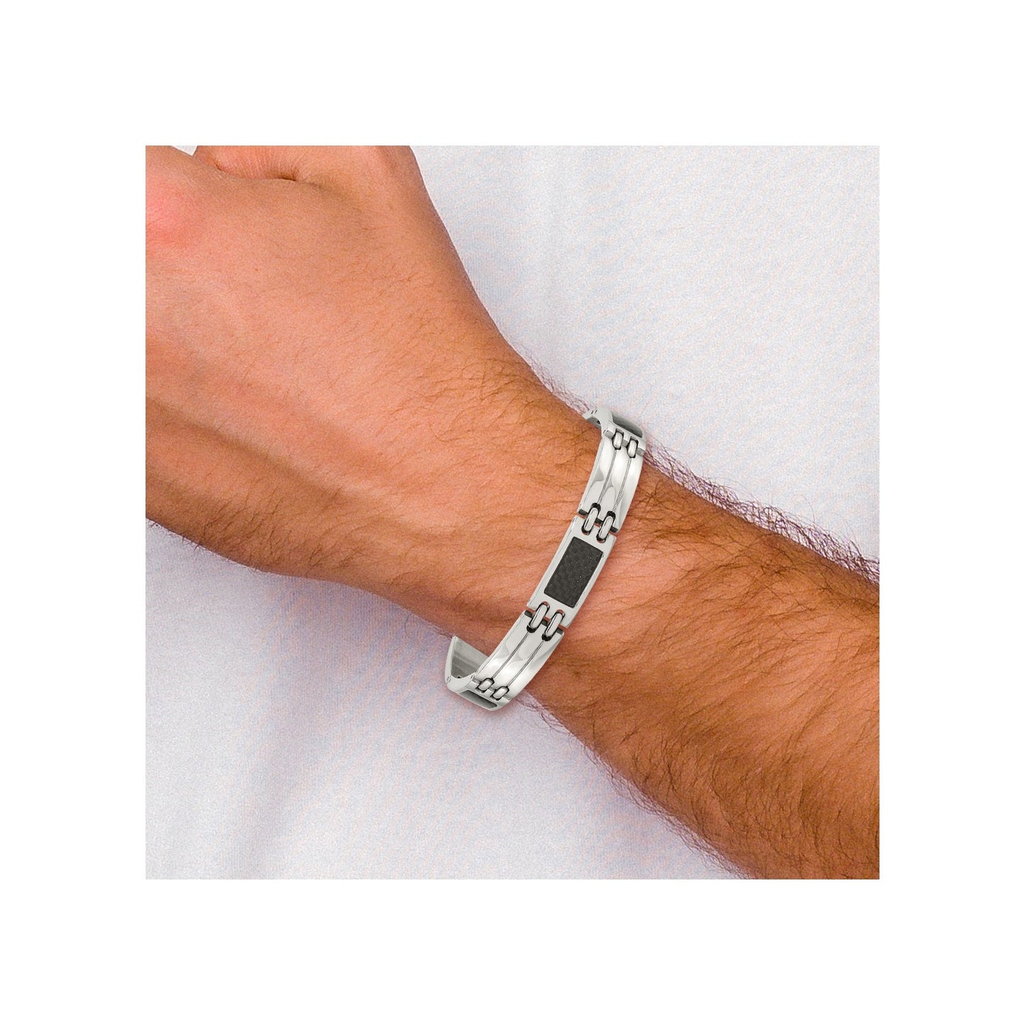MJ Stainless Steel Brushed and Polished with Black Carbon Fiber Inlay 8.5 inch Link Bracelet